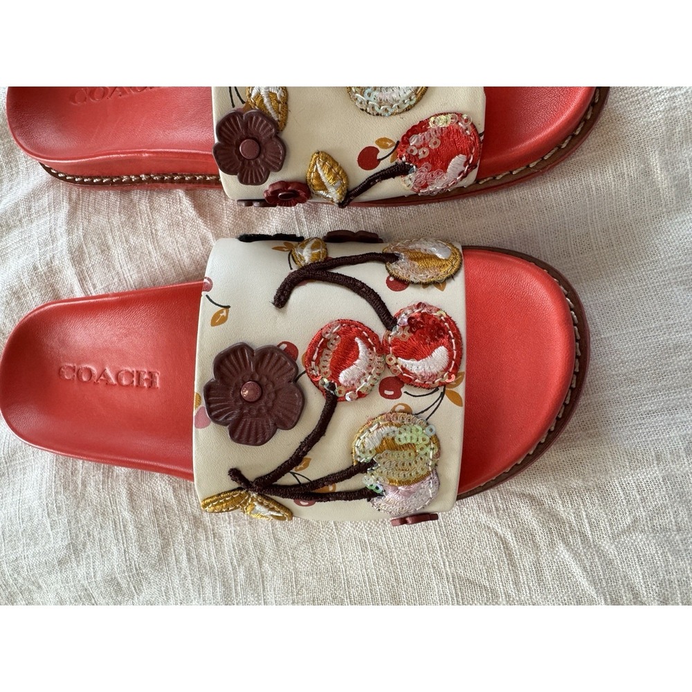 Coach Embroidered Slides Sandals Sz 5 Cherry Flowers Stars Sequins Glam Whimsy - Picture 3 of 6
